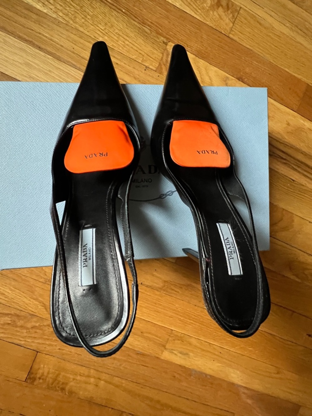 Prada Danem Women's Black Leather Slingback Pumps with Orange Accent. Sz. 40. - Picture 4 of 8